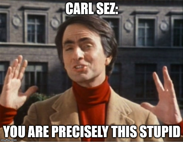 Carl Sez | CARL SEZ:; YOU ARE PRECISELY THIS STUPID | image tagged in meme,funny,carl sagan,stupid | made w/ Imgflip meme maker