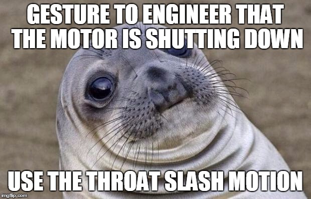 Awkward Moment Sealion Meme | GESTURE TO ENGINEER THAT THE MOTOR IS SHUTTING DOWN; USE THE THROAT SLASH MOTION | image tagged in memes,awkward moment sealion | made w/ Imgflip meme maker