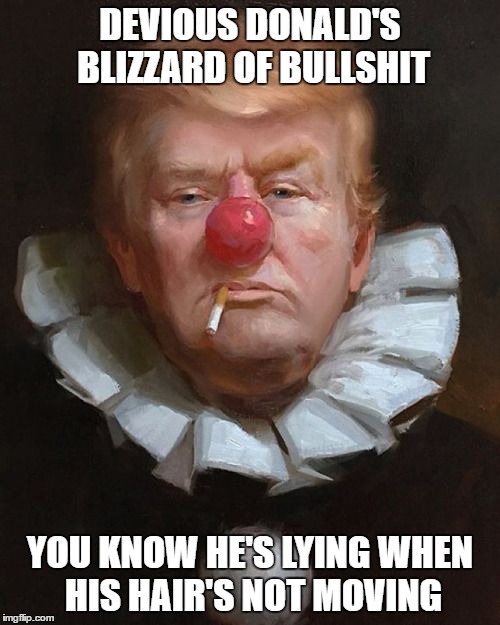 DEVIOUS DONALD'S BLIZZARD OF BULLSHIT YOU KNOW HE'S LYING WHEN HIS HAIR'S NOT MOVING | made w/ Imgflip meme maker