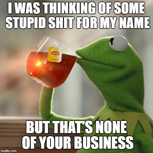 But That's None Of My Business Meme | I WAS THINKING OF SOME STUPID SHIT FOR MY NAME BUT THAT'S NONE OF YOUR BUSINESS | image tagged in memes,but thats none of my business,kermit the frog | made w/ Imgflip meme maker