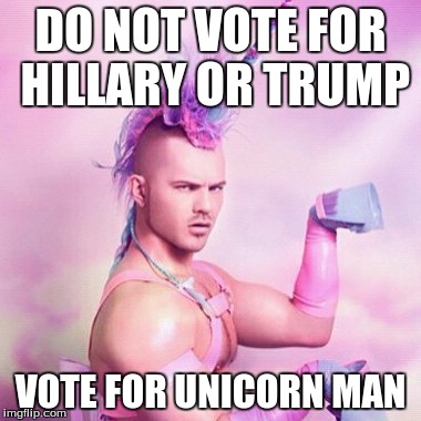 Unicorn MAN Meme | DO NOT VOTE FOR HILLARY OR TRUMP; VOTE FOR UNICORN MAN | image tagged in memes,unicorn man | made w/ Imgflip meme maker