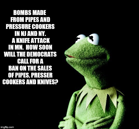 Contemplative Kermit reflects of recent news stories |  BOMBS MADE FROM PIPES AND PRESSURE COOKERS IN NJ AND NY.  A KNIFE ATTACK IN MN.  HOW SOON WILL THE DEMOCRATS CALL FOR A BAN ON THE SALES OF PIPES, PRESSER COOKERS AND KNIVES? | image tagged in contemplative kermit,memes,terrorism,clinton vs trump civil war,election 2016,sad but true | made w/ Imgflip meme maker
