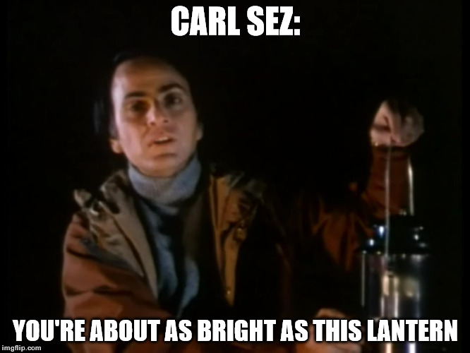 Carl Sez | CARL SEZ:; YOU'RE ABOUT AS BRIGHT AS THIS LANTERN | image tagged in memes,funny,carl sagan,lantern | made w/ Imgflip meme maker