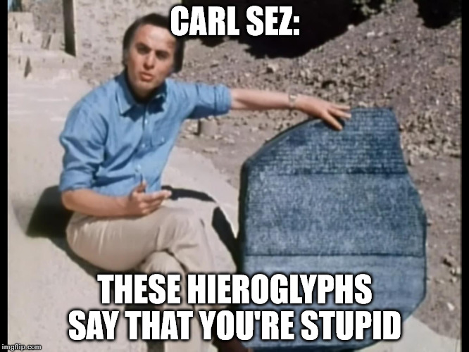 Carl Sez | CARL SEZ:; THESE HIEROGLYPHS SAY THAT YOU'RE STUPID | image tagged in memes,funny,carl sagan,rosetta stone,Ancient_History_Memes | made w/ Imgflip meme maker