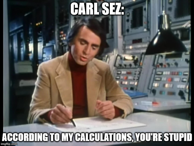Carl Sez | CARL SEZ:; ACCORDING TO MY CALCULATIONS, YOU'RE STUPID | image tagged in memes,funny,carl sagan,calculation | made w/ Imgflip meme maker