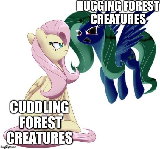 It's a tough choice for her | HUGGING FOREST CREATURES; CUDDLING FOREST CREATURES | image tagged in memes,fluttershy,my little pony | made w/ Imgflip meme maker