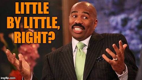 LITTLE BY LITTLE,  RIGHT? | image tagged in memes,steve harvey | made w/ Imgflip meme maker