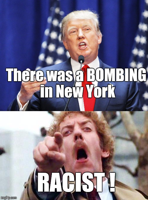 Anything he says | There was a BOMBING in New York; RACIST ! | image tagged in msm,trump,terrorism,bombs,liberal media | made w/ Imgflip meme maker