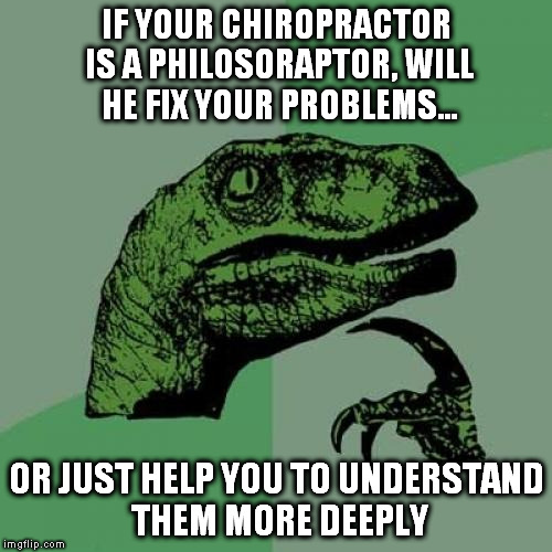 Philosoraptor Meme | IF YOUR CHIROPRACTOR IS A PHILOSORAPTOR, WILL HE FIX YOUR PROBLEMS... OR JUST HELP YOU TO UNDERSTAND THEM MORE DEEPLY | image tagged in memes,philosoraptor | made w/ Imgflip meme maker