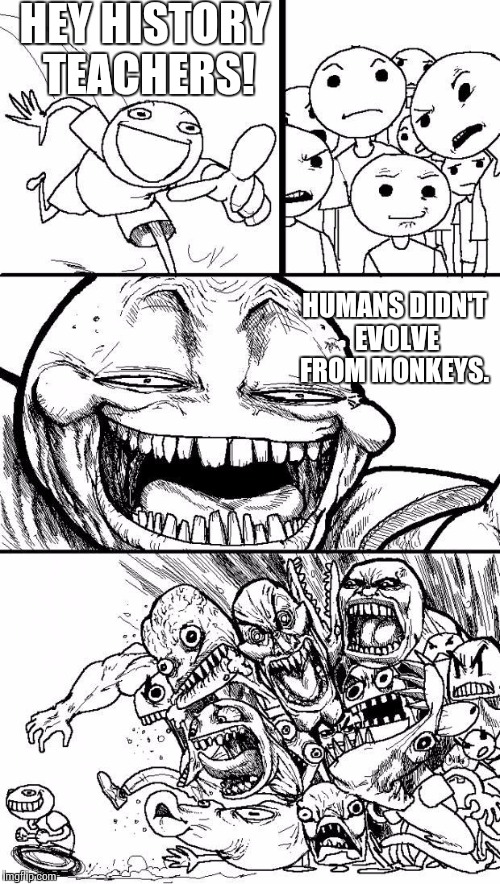 Hey Internet | HEY HISTORY TEACHERS! HUMANS DIDN'T EVOLVE FROM MONKEYS. | image tagged in hey internet | made w/ Imgflip meme maker