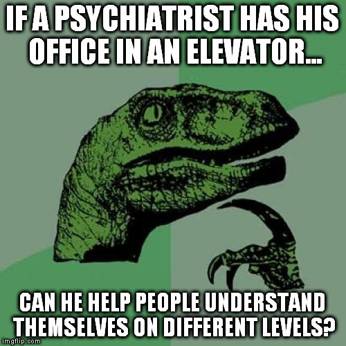 The Ups and Downs of Psychiatry | IF A PSYCHIATRIST HAS HIS OFFICE IN AN ELEVATOR... CAN HE HELP PEOPLE UNDERSTAND THEMSELVES ON DIFFERENT LEVELS? | image tagged in memes,philosoraptor,psychiatrist | made w/ Imgflip meme maker