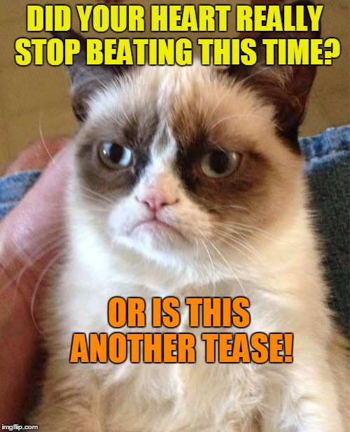 Grumpy Cat Meme | DID YOUR HEART REALLY STOP BEATING THIS TIME? OR IS THIS ANOTHER TEASE! | image tagged in memes,grumpy cat | made w/ Imgflip meme maker