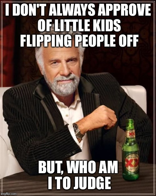 The Most Interesting Man In The World Meme | I DON'T ALWAYS APPROVE OF LITTLE KIDS FLIPPING PEOPLE OFF BUT, WHO AM I TO JUDGE | image tagged in memes,the most interesting man in the world | made w/ Imgflip meme maker