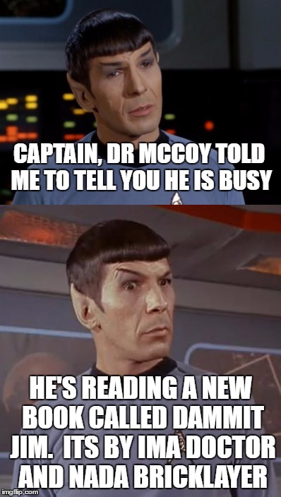 McCoy's new book | CAPTAIN, DR MCCOY TOLD ME TO TELL YOU HE IS BUSY; HE'S READING A NEW BOOK CALLED DAMMIT JIM.  ITS BY IMA DOCTOR AND NADA BRICKLAYER | image tagged in spock | made w/ Imgflip meme maker