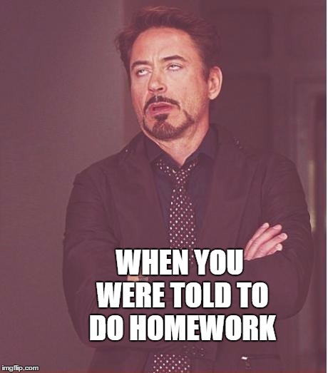 Face You Make Robert Downey Jr | WHEN YOU WERE TOLD TO DO HOMEWORK | image tagged in memes,face you make robert downey jr | made w/ Imgflip meme maker