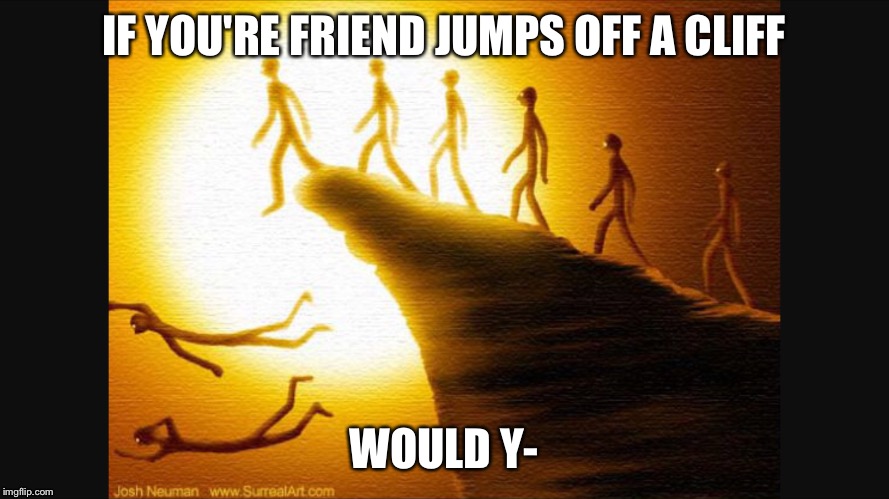 If you're friend jumps off a cliff | IF YOU'RE FRIEND JUMPS OFF A CLIFF; WOULD Y- | image tagged in memes | made w/ Imgflip meme maker