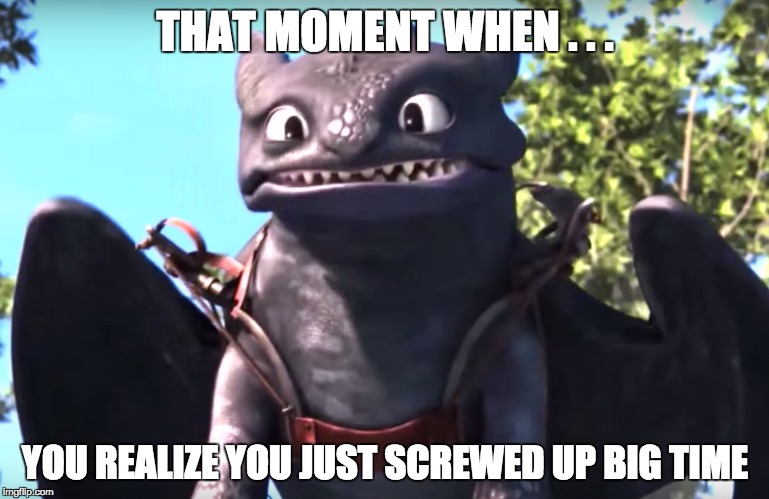 THAT MOMENT WHEN . . . YOU REALIZE YOU JUST SCREWED UP BIG TIME | image tagged in toothless,how to train your dragon | made w/ Imgflip meme maker