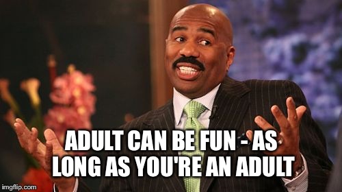 Steve Harvey Meme | ADULT CAN BE FUN - AS LONG AS YOU'RE AN ADULT | image tagged in memes,steve harvey | made w/ Imgflip meme maker
