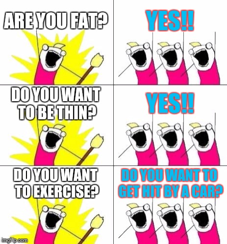 What Do We Want 3 | ARE YOU FAT? YES!! DO YOU WANT TO BE THIN? YES!! DO YOU WANT TO EXERCISE? DO YOU WANT TO GET HIT BY A CAR? | image tagged in memes,what do we want 3 | made w/ Imgflip meme maker