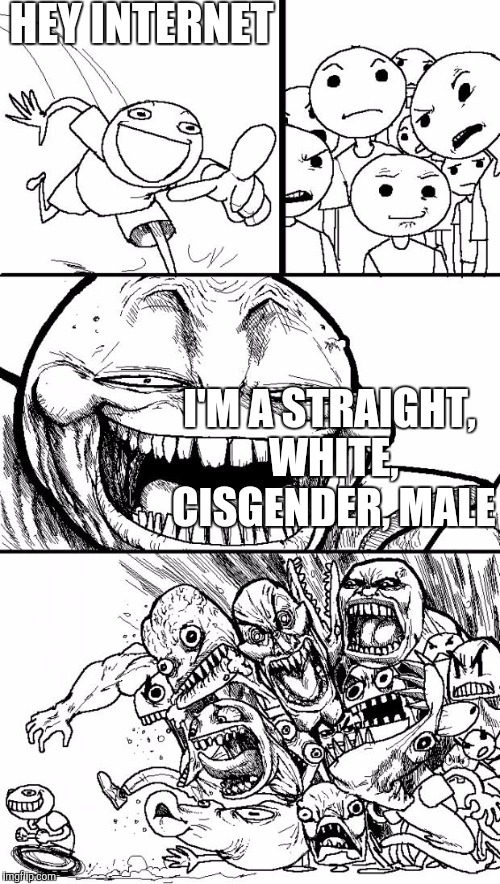 Oh no! | HEY INTERNET; I'M A STRAIGHT, WHITE, CISGENDER, MALE | image tagged in memes,hey internet,white privilege | made w/ Imgflip meme maker