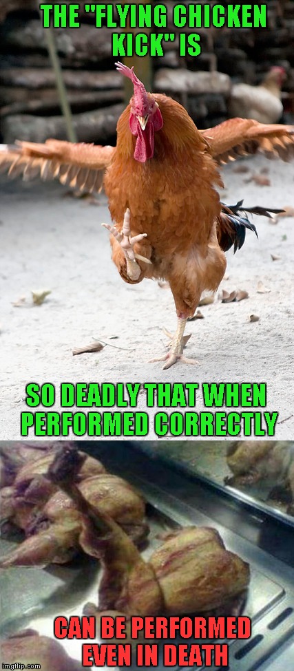 THE "FLYING CHICKEN KICK" IS SO DEADLY THAT WHEN PERFORMED CORRECTLY CAN BE PERFORMED EVEN IN DEATH | made w/ Imgflip meme maker