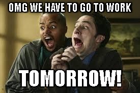When you realize back to work tomorrow after long week off | OMG WE HAVE TO GO TO WORK; TOMORROW! | image tagged in when you realize back to work tomorrow after long week off | made w/ Imgflip meme maker