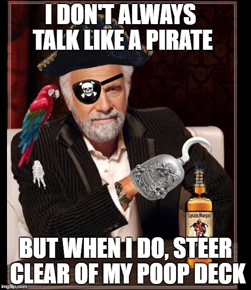 most interesting pirate in the world | I DON'T ALWAYS TALK LIKE A PIRATE; BUT WHEN I DO, STEER CLEAR OF MY POOP DECK | image tagged in most interesting pirate in the world,the most interesting man in the world,memes,funny memes,pirate,pirates | made w/ Imgflip meme maker