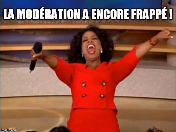 Oprah You Get A Meme | LA MODÉRATION A ENCORE FRAPPÉ ! | image tagged in memes,oprah you get a | made w/ Imgflip meme maker