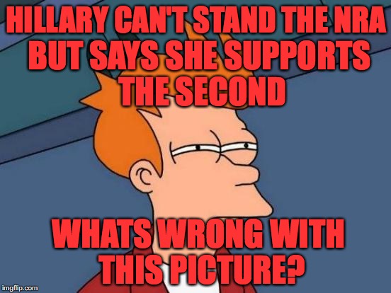 Futurama Fry | BUT SAYS SHE SUPPORTS THE SECOND; HILLARY CAN'T STAND THE NRA; WHATS WRONG WITH THIS PICTURE? | image tagged in memes,futurama fry | made w/ Imgflip meme maker