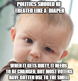 Skeptical Baby Meme | POLITICS SHOULD BE TREATED LIKE A  DIAPER; WHEN IT GETS DIRTY, IT NEEDS TO BE CHANGED, BUT MOST VOTERS HAVE GOTTEN USE TO THE SMELL | image tagged in memes,skeptical baby | made w/ Imgflip meme maker