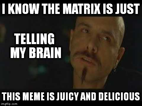 When You're Woke AF | I KNOW THE MATRIX IS JUST; TELLING MY BRAIN; THIS MEME IS JUICY AND DELICIOUS | image tagged in cypher ignorance is bliss,you can never go back | made w/ Imgflip meme maker