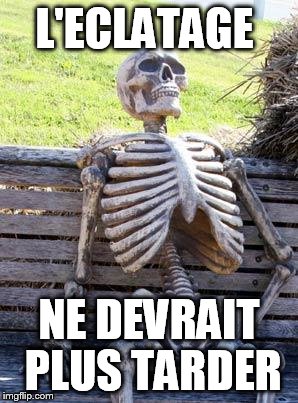 Waiting Skeleton Meme | L'ECLATAGE; NE DEVRAIT PLUS TARDER | image tagged in memes,waiting skeleton | made w/ Imgflip meme maker