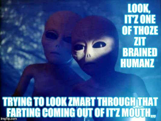 LOOK, IT'Z ONE OF THOZE ZIT BRAINED HUMANZ; TRYING TO LOOK ZMART THROUGH THAT FARTING COMING OUT OF IT'Z MOUTH,,, | image tagged in meme | made w/ Imgflip meme maker