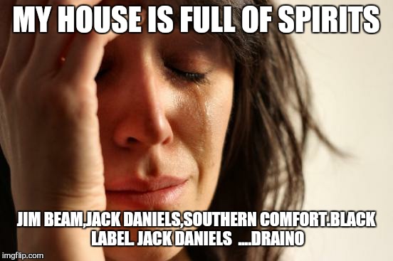 First World Problems Meme | MY HOUSE IS FULL OF SPIRITS JIM BEAM,JACK DANIELS,SOUTHERN COMFORT.BLACK LABEL. JACK DANIELS  ....DRAINO | image tagged in memes,first world problems | made w/ Imgflip meme maker