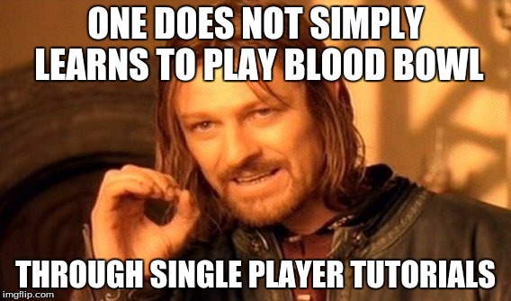 One Does Not Simply Meme | ONE DOES NOT SIMPLY LEARNS TO PLAY BLOOD BOWL; THROUGH SINGLE PLAYER TUTORIALS | image tagged in memes,one does not simply | made w/ Imgflip meme maker