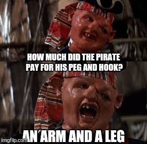 First borrowed joke. Only for Pirate Day ;) |  HOW MUCH DID THE PIRATE PAY FOR HIS PEG AND HOOK? AN ARM AND A LEG | image tagged in memes,pirate | made w/ Imgflip meme maker