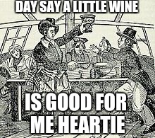 And a lot is good for all me hearties... but not me liverie |  DAY SAY A LITTLE WINE; IS GOOD FOR ME HEARTIE | image tagged in memes,pirate,wine | made w/ Imgflip meme maker