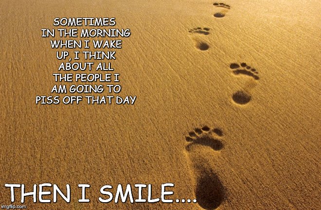 sometimes | SOMETIMES IN THE MORNING WHEN I WAKE UP, I THINK ABOUT ALL THE PEOPLE I AM GOING TO PISS OFF THAT DAY; THEN I SMILE.... | image tagged in steps | made w/ Imgflip meme maker