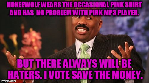 Steve Harvey Meme | HOKEEWOLF WEARS THE OCCASIONAL PINK SHIRT AND HAS  NO PROBLEM WITH PINK MP3 PLAYER. BUT THERE ALWAYS WILL BE HATERS. I VOTE SAVE THE MONEY. | image tagged in memes,steve harvey | made w/ Imgflip meme maker