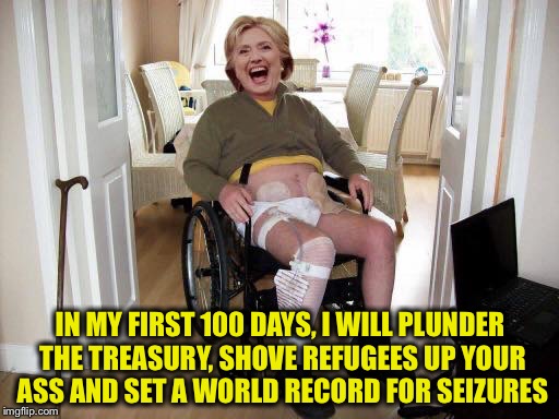 IN MY FIRST 100 DAYS, I WILL PLUNDER THE TREASURY, SHOVE REFUGEES UP YOUR ASS AND SET A WORLD RECORD FOR SEIZURES | made w/ Imgflip meme maker