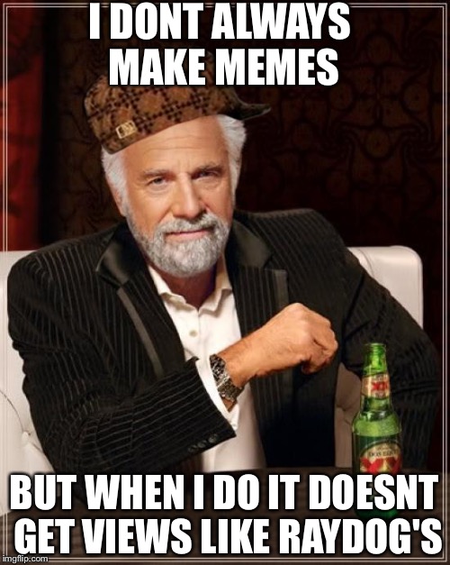 :( | I DONT ALWAYS MAKE MEMES; BUT WHEN I DO IT DOESNT GET VIEWS LIKE RAYDOG'S | image tagged in memes,the most interesting man in the world,scumbag | made w/ Imgflip meme maker