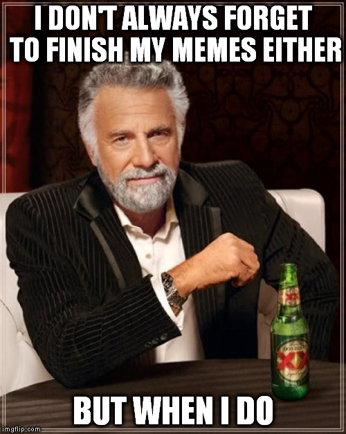 The Most Interesting Man In The World Meme | I DON'T ALWAYS FORGET TO FINISH MY MEMES EITHER BUT WHEN I DO | image tagged in memes,the most interesting man in the world | made w/ Imgflip meme maker
