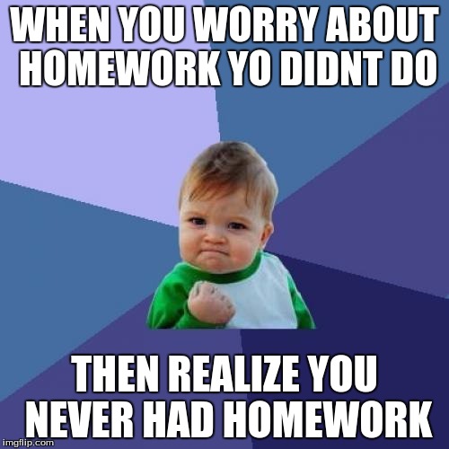 Success Kid | WHEN YOU WORRY ABOUT HOMEWORK YO DIDNT DO; THEN REALIZE YOU NEVER HAD HOMEWORK | image tagged in memes,success kid | made w/ Imgflip meme maker