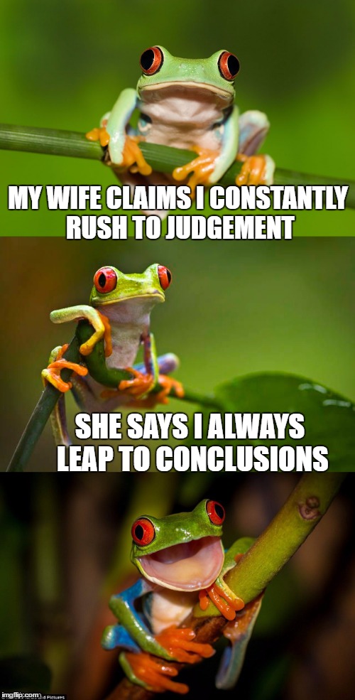 Poor intuition frog | MY WIFE CLAIMS I CONSTANTLY RUSH TO JUDGEMENT; SHE SAYS I ALWAYS LEAP TO CONCLUSIONS | image tagged in frog puns,funny memes,bad puns,frogs,judgemental | made w/ Imgflip meme maker