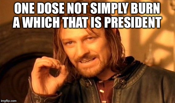 One Does Not Simply | ONE DOSE NOT SIMPLY BURN A WHICH THAT IS PRESIDENT | image tagged in memes,one does not simply | made w/ Imgflip meme maker