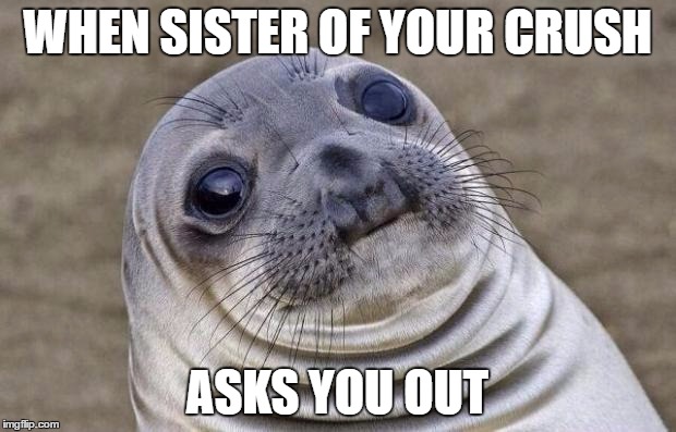 Awkward Moment Sealion | WHEN SISTER OF YOUR CRUSH; ASKS YOU OUT | image tagged in memes,awkward moment sealion | made w/ Imgflip meme maker