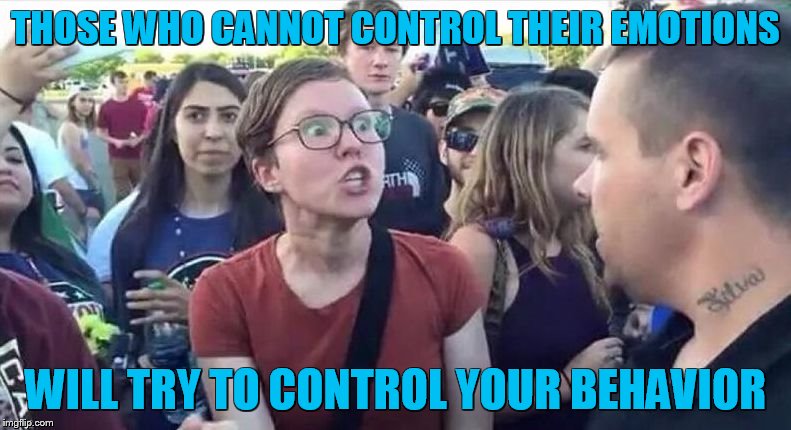 I’m offended obey me   | THOSE WHO CANNOT CONTROL THEIR EMOTIONS; WILL TRY TO CONTROL YOUR BEHAVIOR | image tagged in sjw,offended,protest,memes,funny,social justice warrior | made w/ Imgflip meme maker