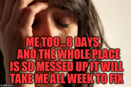 First World Problems Meme | ME TOO...8 DAYS.     AND THE WHOLE PLACE IS SO MESSED UP IT WILL TAKE ME ALL WEEK TO FIX | image tagged in memes,first world problems | made w/ Imgflip meme maker