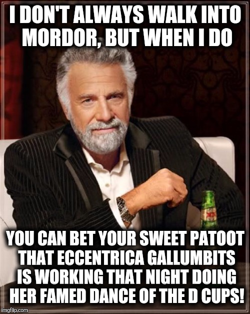 One does not simply walk into Morder | I DON'T ALWAYS WALK INTO MORDOR, BUT WHEN I DO YOU CAN BET YOUR SWEET PATOOT THAT ECCENTRICA GALLUMBITS IS WORKING THAT NIGHT DOING HER FAME | image tagged in memes,the most interesting man in the world,morder,eccentrica gallumbits,hitch hikers guide to the galaxy | made w/ Imgflip meme maker