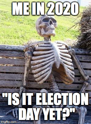 Waiting Skeleton | ME IN 2020; "IS IT ELECTION DAY YET?" | image tagged in memes,waiting skeleton | made w/ Imgflip meme maker